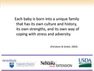 Each baby is born into a unique family
that has its own culture and history,
its own strengths, and its own way of
coping with stress and adversity.
(Parlakian & Seibel, 2002)
50
 