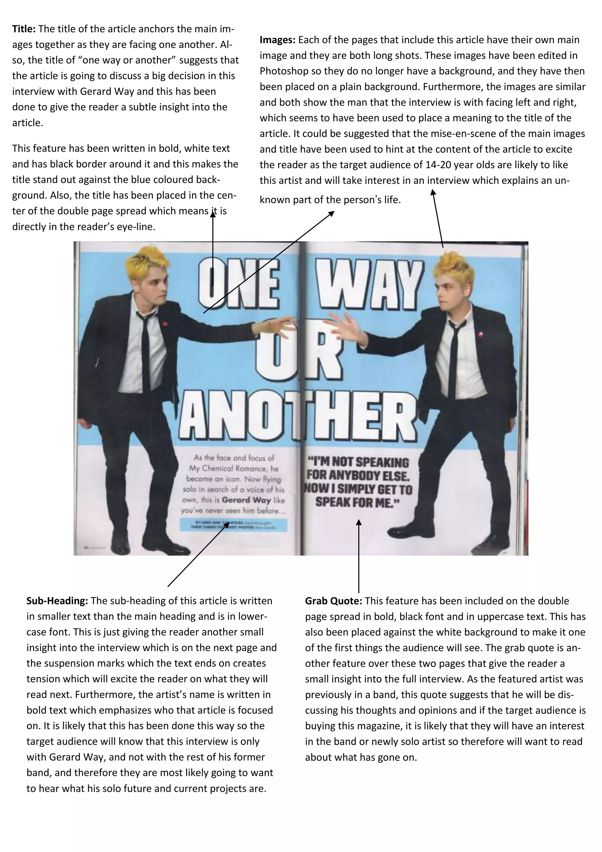 Images: Each of the pages that include this article have their own main 
image and they are both long shots. These images have been edited in 
Photoshop so they do no longer have a background, and they have then 
been placed on a plain background. Furthermore, the images are similar 
and both show the man that the interview is with facing left and right, 
which seems to have been used to place a meaning to the title of the 
article. It could be suggested that the mise-en-scene of the main images 
and title have been used to hint at the content of the article to excite 
the reader as the target audience of 14-20 year olds are likely to like 
this artist and will take interest in an interview which explains an un-known 
Grab Quote: This feature has been included on the double 
page spread in bold, black font and in uppercase text. This has 
also been placed against the white background to make it one 
of the first things the audience will see. The grab quote is an-other 
feature over these two pages that give the reader a 
small insight into the full interview. As the featured artist was 
previously in a band, this quote suggests that he will be dis-cussing 
his thoughts and opinions and if the target audience is 
buying this magazine, it is likely that they will have an interest 
in the band or newly solo artist so therefore will want to read 
about what has gone on. 
Sub-Heading: The sub-heading of this article is written 
in smaller text than the main heading and is in lower-case 
font. This is just giving the reader another small 
insight into the interview which is on the next page and 
the suspension marks which the text ends on creates 
tension which will excite the reader on what they will 
read next. Furthermore, the artist’s name is written in 
bold text which emphasizes who that article is focused 
on. It is likely that this has been done this way so the 
target audience will know that this interview is only 
with Gerard Way, and not with the rest of his former 
band, and therefore they are most likely going to want 
to hear what his solo future and current projects are. 
part of the person’s life. 
Title: The title of the article anchors the main im-ages 
together as they are facing one another. Al-so, 
the title of “one way or another” suggests that 
the article is going to discuss a big decision in this 
interview with Gerard Way and this has been 
done to give the reader a subtle insight into the 
article. 
This feature has been written in bold, white text 
and has black border around it and this makes the 
title stand out against the blue coloured back-ground. 
Also, the title has been placed in the cen-ter 
of the double page spread which means it is 
directly in the reader’s eye-line. 
