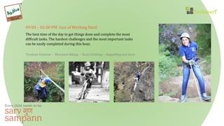 09:00 – 02:00 PM Gun of Working Hard
The best time of the day to get things done and complete the most
difficult tasks. The hardest challenges and the most important tasks
can be easily completed during this hour.
Tyrolean Traverse - Mountain Biking - Rock Climbing - Rappelling and more
 