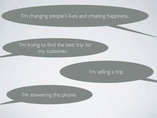I’m changing people’s lives and creating happiness.




I’m trying to ﬁnd the best trip for
         my customer.


                                  I’m selling a trip.



 I’m answering the phone.
 