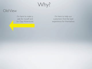 Why?
Old View
        I’m here to make a              I’m here to help our
        sale for myself and           customers ﬁnd the best
       for Gap Adventures            experience for themselves
 