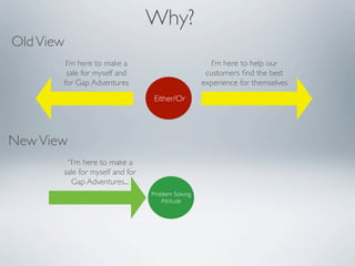 Why?
Old View
        I’m here to make a                            I’m here to help our
        sale for myself and                         customers ﬁnd the best
       for Gap Adventures                          experience for themselves
                                  Either/Or




New View
        “I’m here to make a
       sale for myself and for
         Gap Adventures...
                                 Problem Solving
                                    Attitude
 