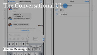 The Conversational UI
Uber in Messenger
 