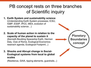 1. Earth System and sustainability science
(Understanding Earth System processes; ICSU,
IGBP, ESSP, IPCC, MEA, evolution of
sustainability science…)
2. Scale of human action in relation to the
capacity of the planet to sustain it
(Kenneth Boulding Spaceship Earth, Herman
Daly, Club of Rome, Ecological Economics
reserach agenda, Ecological Footprint...)
3. Shocks and Abrupt change in Social-
Ecological systems from local to global
scales
(Resilience, GAIA, tipping elements, guardrails...)
Planetary
Boundaries
concept
PB concept rests on three branches
of Scientific inquiry
 