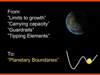 From:
”Limits to growth”
”Carrying capacity”
”Guardrails”
”Tipping Elements”
To:
”Planetary Boundaries”
 