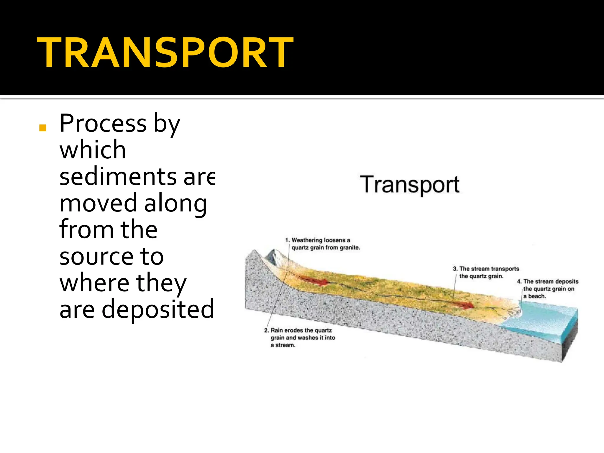 TRANSPORT
◼ Process by
which
sediments are
moved along
from the
source to
where they
are deposited
 