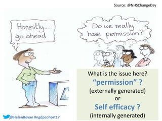 #SHCR @HelenBevan#@HelenBevan #ngdpcohort17
Source: @NHSChangeDay
What is the issue here?
“permission” ?
(externally gener...