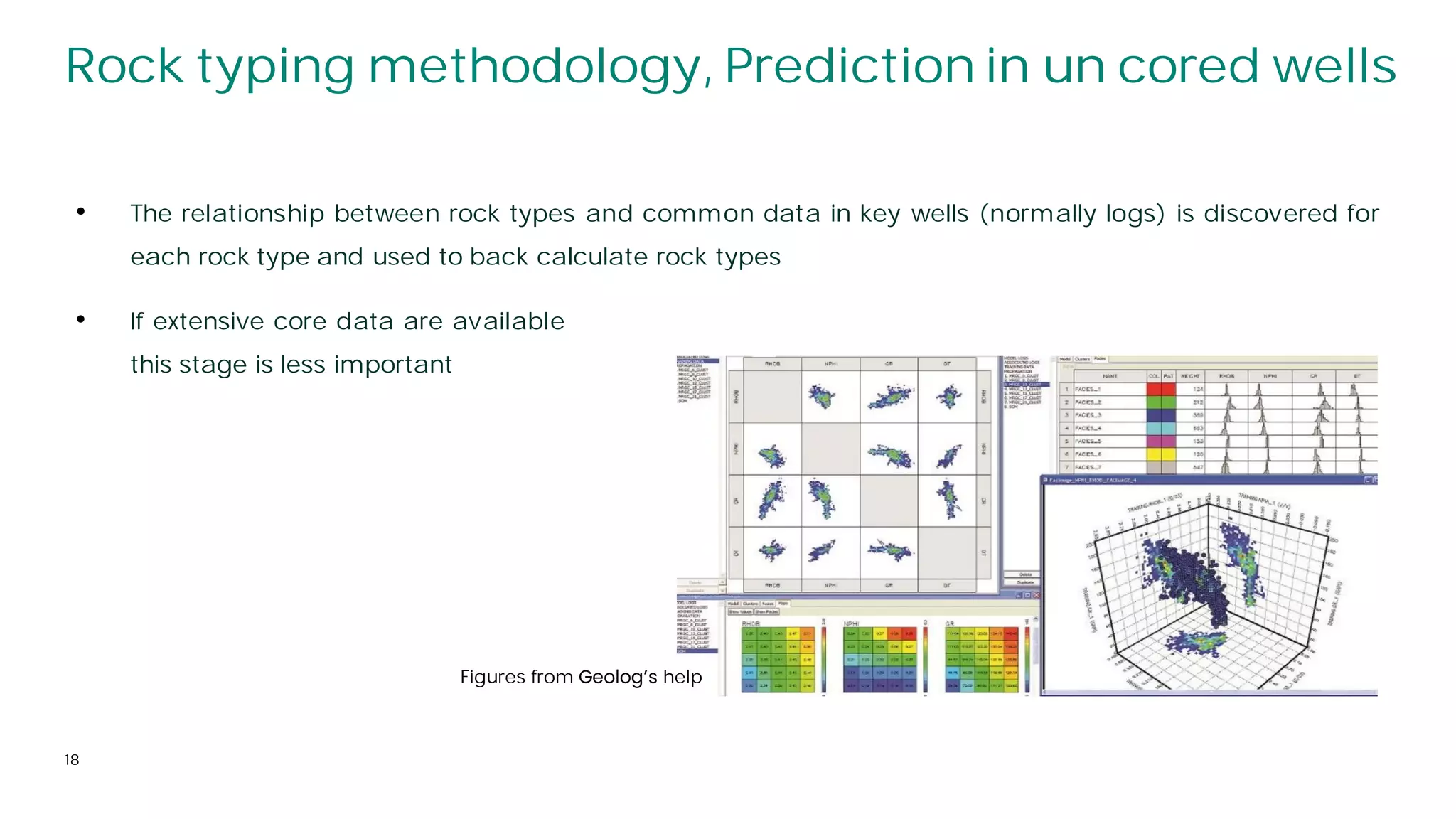 18
Rock typing methodology, Prediction in un cored wells
• The relationship between rock types and common data in key wells (normally logs) is discovered for
each rock type and used to back calculate rock types
Figures from help
• If extensive core data are available
this stage is less important
 