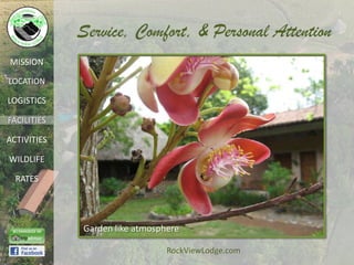 Service, Comfort, & Personal Attention
MISSION

LOCATION

LOGISTICS

FACILITIES

ACTIVITIES

WILDLIFE

  RATES




             Garden like atmosphere

                                RockViewLodge.com
 