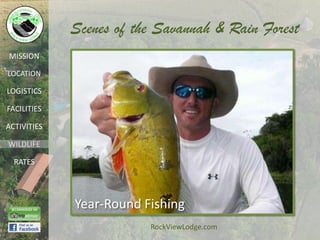Scenes of the Savannah & Rain Forest
MISSION

LOCATION

LOGISTICS

FACILITIES

ACTIVITIES

WILDLIFE

  RATES




             Year-Round Fishing
                         RockViewLodge.com
 