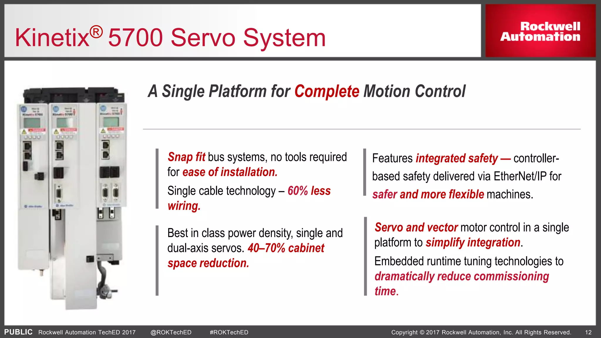 PUBLIC Copyright © 2017 Rockwell Automation, Inc. All Rights Reserved. 12Rockwell Automation TechED 2017 @ROKTechED #ROKTechED
Kinetix® 5700 Servo System
A Single Platform for Complete Motion Control
Snap fit bus systems, no tools required
for ease of installation.
Single cable technology – 60% less
wiring.
Best in class power density, single and
dual-axis servos. 40–70% cabinet
space reduction.
Features integrated safety — controller-
based safety delivered via EtherNet/IP for
safer and more flexible machines.
Servo and vector motor control in a single
platform to simplify integration.
Embedded runtime tuning technologies to
dramatically reduce commissioning
time.
 