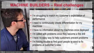 PUBLIC Copyright © 2017 Rockwell Automation, Inc. All Rights Reserved. 11Rockwell Automation TechED 2017 @ROKTechED #ROKTechED
MACHINE BUILDERS – Real challenges
 I’m struggling to match my customer’s expectation of
performance
 I need to continuously create differentiation for my
machines
 I have no information about my machines once deployed
 I’m called with problems once they become a fire drill
 I have no easy way to help customers prevent problems
 I’m having trouble to find good people to send to fix
problems at customer’s sites
 