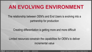PUBLIC Copyright © 2017 Rockwell Automation, Inc. All Rights Reserved. 7Rockwell Automation TechED 2017 @ROKTechED #ROKTechED
AN EVOLVING ENVIRONMENT
The relationship between OEM’s and End Users is evolving into a
partnership for production
Creating differentiation is getting more and more difficult
Limited resources constrain the capabilities for OEM’s to deliver
incremental value
 