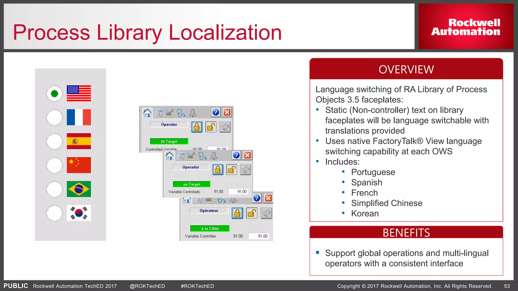 PUBLIC Copyright © 2017 Rockwell Automation, Inc. All Rights Reserved. 53Rockwell Automation TechED 2017 @ROKTechED #ROKTechED
Process Library Localization
Language switching of RA Library of Process
Objects 3.5 faceplates:
• Static (Non-controller) text on library
faceplates will be language switchable with
translations provided
• Uses native FactoryTalk® View language
switching capability at each OWS
• Includes:
• Portuguese
• Spanish
• French
• Simplified Chinese
• Korean
 Support global operations and multi-lingual
operators with a consistent interface
OVERVIEW
BENEFITS
 