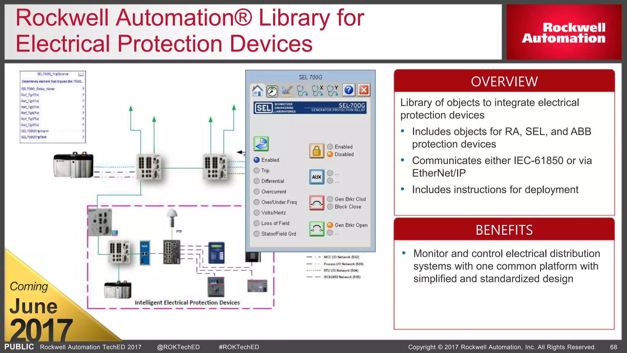 PUBLIC Copyright © 2017 Rockwell Automation, Inc. All Rights Reserved. 68Rockwell Automation TechED 2017 @ROKTechED #ROKTechED
Rockwell Automation® Library for
Electrical Protection Devices
Library of objects to integrate electrical
protection devices
• Includes objects for RA, SEL, and ABB
protection devices
• Communicates either IEC-61850 or via
EtherNet/IP
• Includes instructions for deployment
• Monitor and control electrical distribution
systems with one common platform with
simplified and standardized design
OVERVIEW
BENEFITS
 