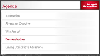 PUBLIC Copyright © 2017 Rockwell Automation, Inc. All Rights Reserved. 31Rockwell Automation TechED 2017 @ROKTechED #ROKTechED
Agenda
Driving Competitive Advantage
Demonstration
Why Arena®
Simulation Overview
Introduction
 