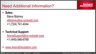 PUBLIC Copyright © 2017 Rockwell Automation, Inc. All Rights Reserved. 35Rockwell Automation TechED 2017 @ROKTechED #ROKTechED
Need Additional Information?
 Sales:
Steve Blatney
sfblatney@ra.rockwell.com
+1 (724) 741-4044
 Technical Support:
ArenaSupport@ra.rockwell.com
+1 (440) 646-6789
 www.ArenaSimulation.com
 