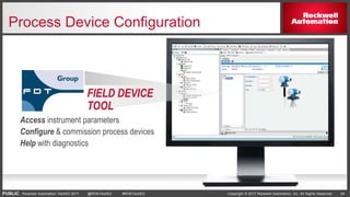 PUBLIC Copyright © 2017 Rockwell Automation, Inc. All Rights Reserved. 24Rockwell Automation TechED 2017 @ROKTechED #ROKTechED
Process Device Configuration
Access instrument parameters
Configure & commission process devices
Help with diagnostics
FIELD DEVICE
TOOL
 