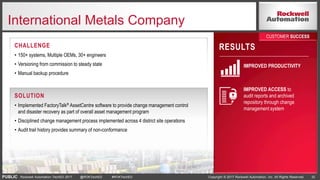 PUBLIC Copyright © 2017 Rockwell Automation, Inc. All Rights Reserved. 32Rockwell Automation TechED 2017 @ROKTechED #ROKTechED
International Metals Company
CHALLENGE
• 150+ systems, Multiple OEMs, 30+ engineers
• Versioning from commission to steady state
• Manual backup procedure
RESULTS
IMPROVED PRODUCTIVITY
IMPROVED ACCESS to
audit reports and archived
repository through change
management system
SOLUTION
• Implemented FactoryTalk® AssetCentre software to provide change management control
and disaster recovery as part of overall asset management program
• Disciplined change management process implemented across 4 district site operations
• Audit trail history provides summary of non-conformance
CUSTOMER SUCCESS
 