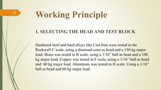 Working Principle
1. SELECTING THE HEAD AND TEST BLOCK
Hardened steel and hard alloys like Cast Iron were tested in the
Rockwell C scale, using a diamond cone as head and a 150 kg major
load. Brass was tested in B scale, using a 1/16” ball as head and a 100
kg major load. Copper was tested in F scale, using a 1/16” ball as head
and 60 kg major load. Aluminum was tested in H scale. Using a 1/16”
ball as head and 60 kg major load.
12
 