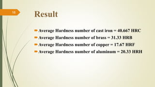 Result
Average Hardness number of cast iron = 40.667 HRC
Average Hardness number of brass = 31.33 HRB
Average Hardness number of copper = 17.67 HRF
Average Hardness number of aluminum = 20.33 HRH
16
 