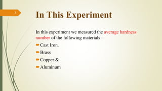 In This Experiment
In this experiment we measured the average hardness
number of the following materials :
Cast Iron.
Brass
Copper &
Aluminum
7
 