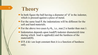 Theory
In both figure the ball having a diameter of ‘d’ in the indenter,
which is pressed against a piece of metal.
For the same load P, the indentations will be different for the
soft and hard materials.
For the above two cases h2<h1, i.e., mat.2 is harder than mat.1.
Indentation depends upon load(P) indenter diameter(d) time
during which load is applied(t) and the hardness of the
material(H).
If P, d & t are kept constant then it is a function of hardness
only.
9
 