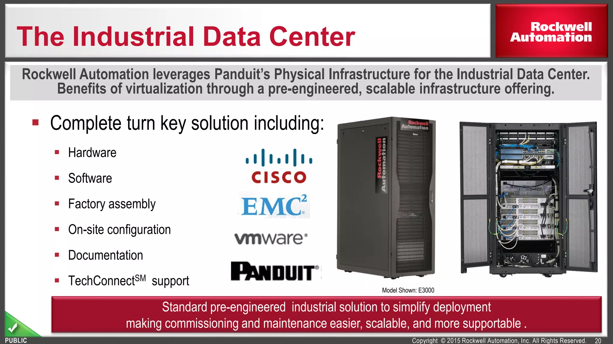 Copyright © 2015 Rockwell Automation, Inc. All Rights Reserved.PUBLIC
The Industrial Data Center
20
 Complete turn key solution including:
 Hardware
 Software
 Factory assembly
 On-site configuration
 Documentation
 TechConnectSM support
Standard pre-engineered industrial solution to simplify deployment
making commissioning and maintenance easier, scalable, and more supportable .
Rockwell Automation leverages Panduit’s Physical Infrastructure for the Industrial Data Center.
Benefits of virtualization through a pre-engineered, scalable infrastructure offering.
Model Shown: E3000
 