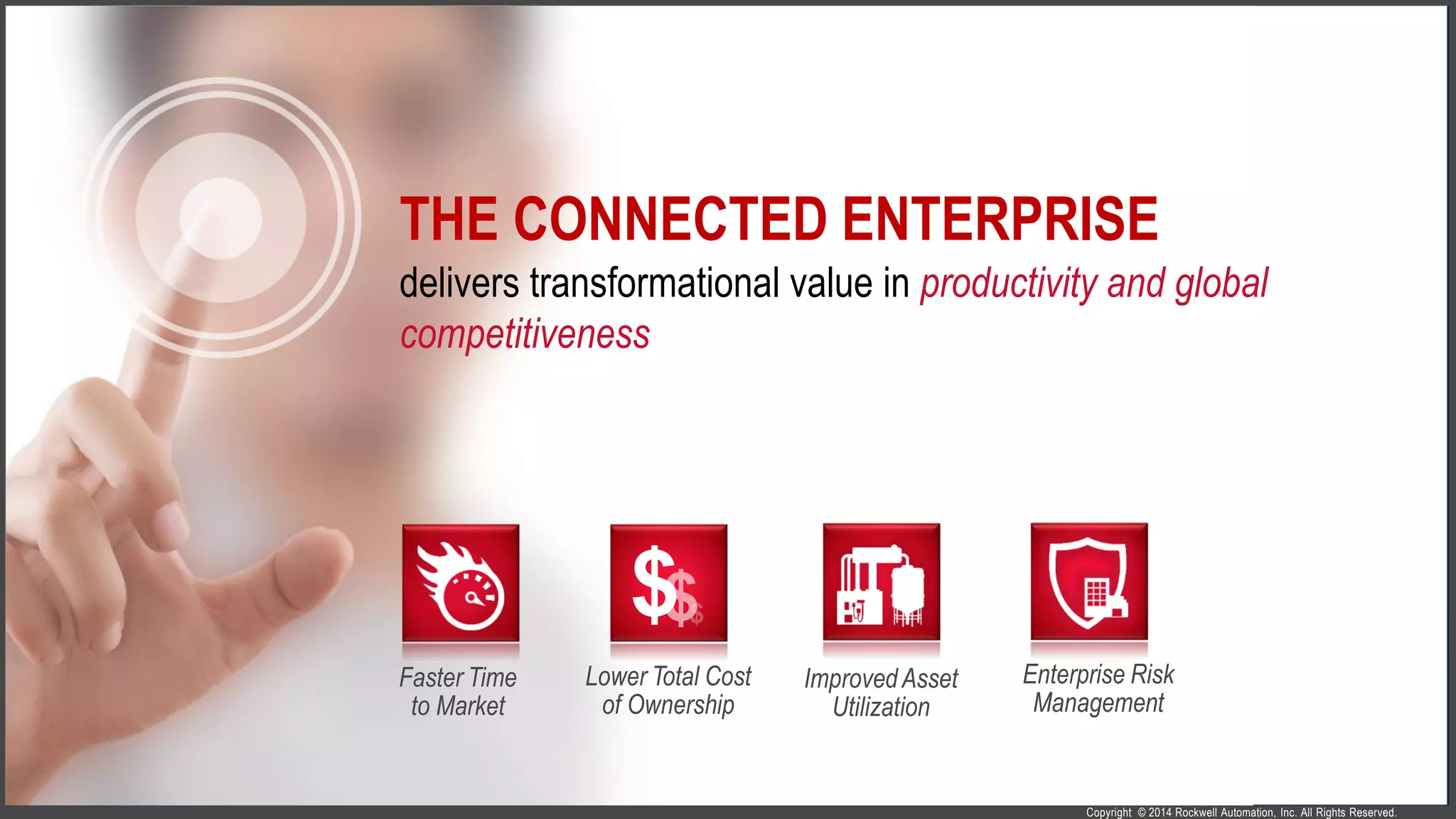 Copyright © 2014 Rockwell Automation, Inc. All Rights Reserved.
delivers transformational value in productivity and global
competitiveness
Faster Time
to Market
ImprovedAsset
Utilization
$
Lower Total Cost
of Ownership
Enterprise Risk
Management
THE CONNECTED ENTERPRISE
 