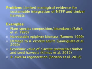 Problem: Limited ecological evidence for
sustainable integration of NTFP and timber
harvests
Examples:
Plant species composition/abundance (Salick
et al. 1995)
Harvestable epiphyte biomass (Romero 1999)
Damage to B. excelsa adults (Guariguata et al.
2009)
Economic value of Carapa guianensis timber
and seed harvests (Klimas et al. 2012)
B. excelsa regeneration (Soriano et al. 2012)
 