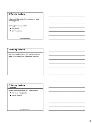 Enforcing the Law

In California, Cartwright Act is enforced by state
attorney general.


Attorney general may initiate:
  l civil actions
  l criminal actions




                    © Copyright 2007 Rockwell Publishing, Inc.




Enforcing the Law

Both state and federal law give individual citizens
power to pursue antitrust violations in civil court.




                    © Copyright 2007 Rockwell Publishing, Inc.




Enforcing the Law
Penalties
Federal antitrust penalties vary, depending on:
  l individual or corporation
  l civil or criminal




                    © Copyright 2007 Rockwell Publishing, Inc.




                                                                 10
 