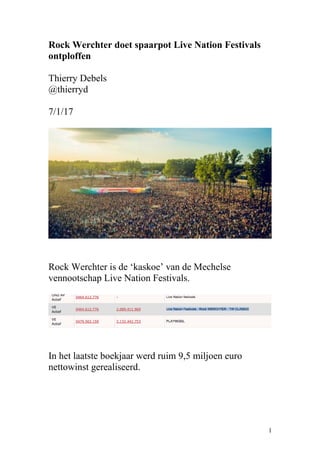 Rock Werchter doet spaarpot Live Nation Festivals
ontploffen
Thierry Debels
@thierryd
7/1/17
Rock Werchter is de ‘kaskoe’ van de Mechelse
vennootschap Live Nation Festivals.
In het laatste boekjaar werd ruim 9,5 miljoen euro
nettowinst gerealiseerd.
1
 