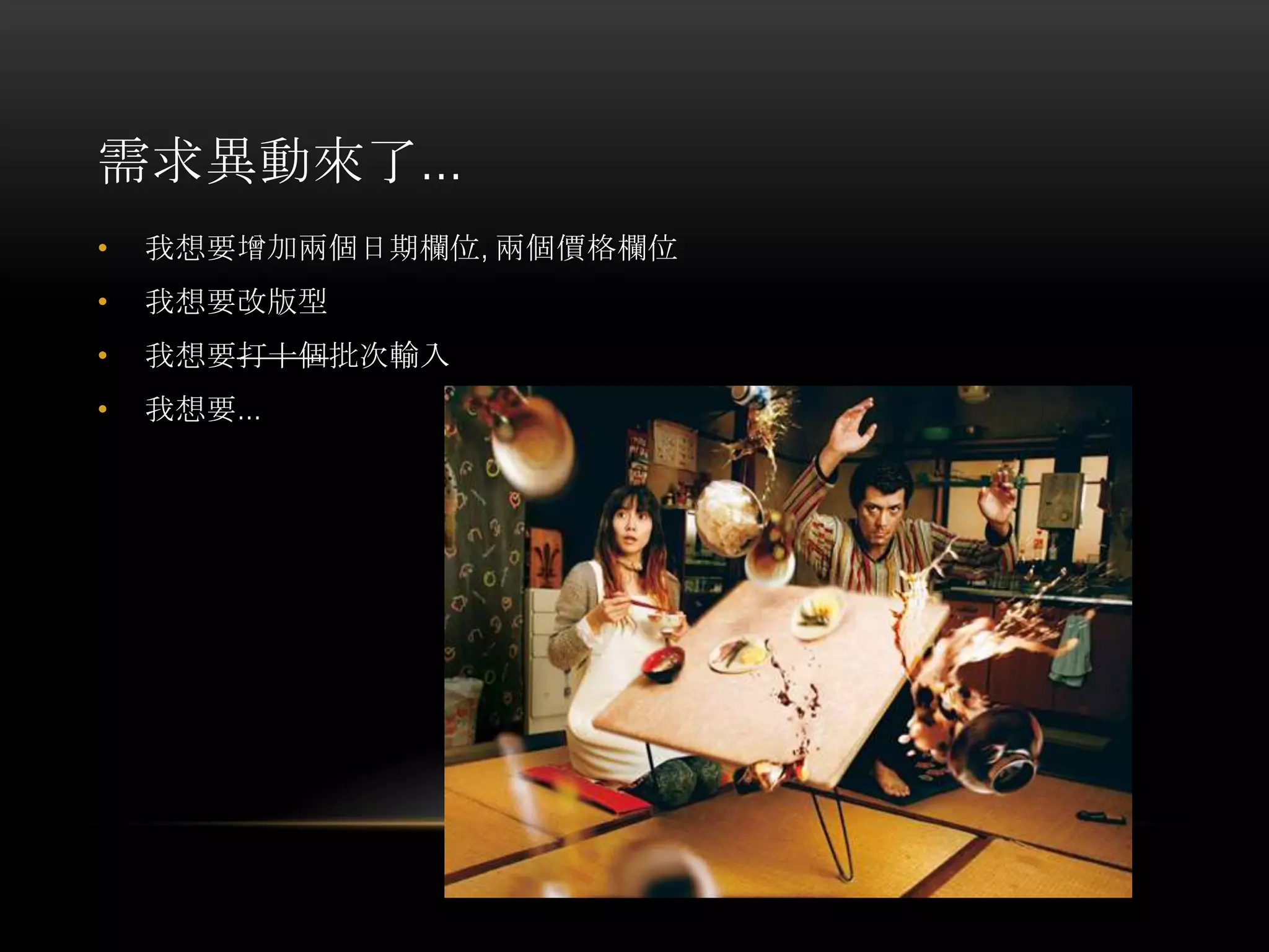 需求異動來了…
• 我想要增加兩個日期欄位, 兩個價格欄位
• 我想要改版型
• 我想要打十個批次輸入
• 我想要…
 
