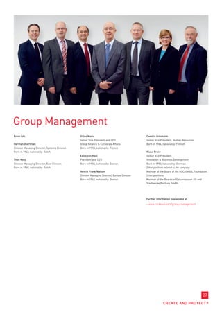 Group Management
From left:                                     Gilles Maria                                  Camilla Grönholm
                                               Senior Vice President and CFO,                Senior Vice President, Human Resources
Herman Voortman                                Group Finance  Corporate Affairs             Born in 1964, nationality: Finnish
Division Managing Director, Systems Division   Born in 1958, nationality: French
Born in 1962, nationality: Dutch                                                             Klaus Franz
                                               Eelco van Heel                                Senior Vice President,
Theo Kooij                                     President and CEO                             Innovation  Business Development
Division Managing Director, East Division      Born in 1955, nationality: Danish             Born in 1953, nationality: German.
Born in 1960, nationality: Dutch                                                             Other positions related to the company:
                                               Henrik Frank Nielsen                          Member of the Board of the ROCKWOOL Foundation.
                                               Division Managing Director, Europe Division   Other positions:
                                               Born in 1961, nationality: Danish             Member of the Boards of Gelsenwasser AG and
                                                                                             Stadtwerke Bochum GmbH.




                                                                                             Further information is available at

                                                                                              www.rockwool.com/group+management




                                                                                                                                        27
 