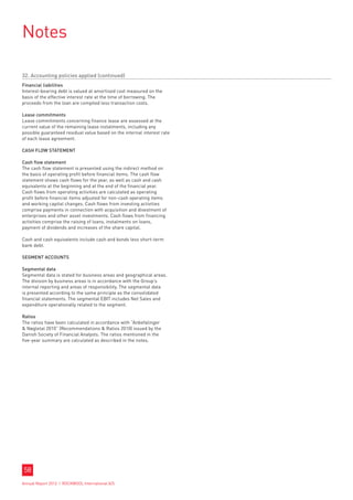 Notes

32. Accounting policies applied (continued)
Financial liabilities
Interest-bearing debt is valued at amortised cost measured on the
basis of the effective interest rate at the time of borrowing. The
proceeds from the loan are compiled less transaction costs.

Lease commitments
Lease commitments concerning finance lease are assessed at the
current value of the remaining lease instalments, including any
possible guaranteed residual value based on the internal interest rate
of each lease agreement.

CASH FLOW STATEMENT

Cash flow statement
The cash flow statement is presented using the indirect method on
the basis of operating profit before financial items. The cash flow
statement shows cash flows for the year, as well as cash and cash
equivalents at the beginning and at the end of the financial year.
Cash flows from operating activities are calculated as operating
profit before financial items adjusted for non-cash operating items
and working capital changes. Cash flows from investing activities
comprise payments in connection with acquisition and divestment of
enterprises and other asset investments. Cash flows from financing
activities comprise the raising of loans, instalments on loans,
payment of dividends and increases of the share capital.

Cash and cash equivalents include cash and bonds less short-term
bank debt.

SEGMENT ACCOUNTS

Segmental data
Segmental data is stated for business areas and geographical areas.
The division by business areas is in accordance with the Group’s
internal reporting and areas of responsibility. The segmental data
is presented according to the same principle as the consolidated
financial statements. The segmental EBIT includes Net Sales and
expenditure operationally related to the segment.

Ratios
The ratios have been calculated in accordance with “Anbefalinger
 Nøgletal 2010” (Recommendations  Ratios 2010) issued by the
Danish Society of Financial Analysts. The ratios mentioned in the
five-year summary are calculated as described in the notes.




58
Annual Report 2012 I ROCKWOOL International A/S
 