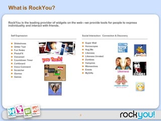 What is RockYou? RockYou is the leading provider of widgets on the web—we provide tools for people to express individuality and interact with friends.  ,[object Object],[object Object],[object Object],[object Object],[object Object],[object Object],[object Object],[object Object],[object Object],[object Object],[object Object],[object Object],[object Object],[object Object],[object Object],[object Object],[object Object],[object Object],[object Object],[object Object],[object Object],[object Object],[object Object]