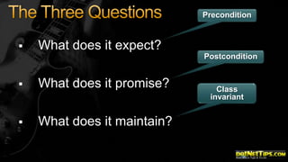 Precondition



What does it expect?
Postcondition



What does it promise?



What does it maintain?

Class
invariant

 