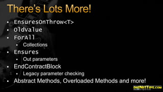



EnsuresOnThrow<T>
OldValue
ForAll




Ensures




Out parameters

EndContractBlock




Collections

Legacy parameter checking

Abstract Methods, Overloaded Methods and more!

 