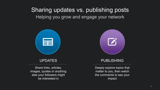 Helping you grow and engage your network
21
Sharing updates vs. publishing posts
Share links, articles,
images, quotes or anything
else your followers might
be interested in
Deeply explore topics that
matter to you, then watch
the comments to see your
impact
UPDATES PUBLISHING
 