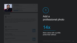 Add a
professional photo
1
More views with a profile
photo than without
14x
Source: https://iwww.corp.linkedin.com/wiki/cf/display/PRT/Value+statements+for+Profile+Editing
8
 