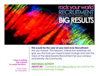 rock your world
                                                 RECRUITMENT
                                                 you-can-do-it changes that get

                                                 BIG RESULTS


                         This could be the year of your best-ever Recruitment.
                         Are you ready? This relevant, interactive workshop will
                         give you the tools you need to lead change and cast the
                         vision of the ideal Sorority Recruitment for your campus
                         and Sorority Life Community.
     “There is nothing
         like a dream
to create the future.”   INDIVIDUAL ACTIVITY
                         ABOUT ME | Complete your About Me as you wait for the
        Victor Hugo,
                         interactive workshop to begin.
      Les Misérables
 