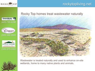 Rocky Top homes treat wastewater naturally Wastewater is treated naturally and used to enhance on-site wetlands, home to many native plants and animals. 