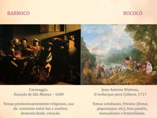BARROCO
Caravaggio,
Vocação de São Mateus – 1600
Temas predominantemente religiosos, uso
de contraste entre luz e sombra,
dramaticidade, emoção.
ROCOCÓ
Jean-Antoine Watteau,
O embarque para Cythera, 1717
Temas cotidianos, frívolos (festas,
piquiniques, etc), tons pastéis,
sensualismo e feminilidade.
 