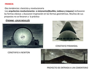 FRANCIA
-Dos tendencias: clasicista y revolucionaria
-Los arquitectos revolucionarios o visionarios(Boullée, Ledoux y Lequeu) rechazaron
las formas clásicas y buscaron inspiración en las formas geométricas. Muchos de sus
proyectos no se llevaron a la práctica
ÉTIENNE- LOUIS BOULLÉE
CENOTAFIO A NEWTON
CENOTAFIO PIRAMIDAL
PROYECTO DE ENTRADA A UN CEMENTERIO
 