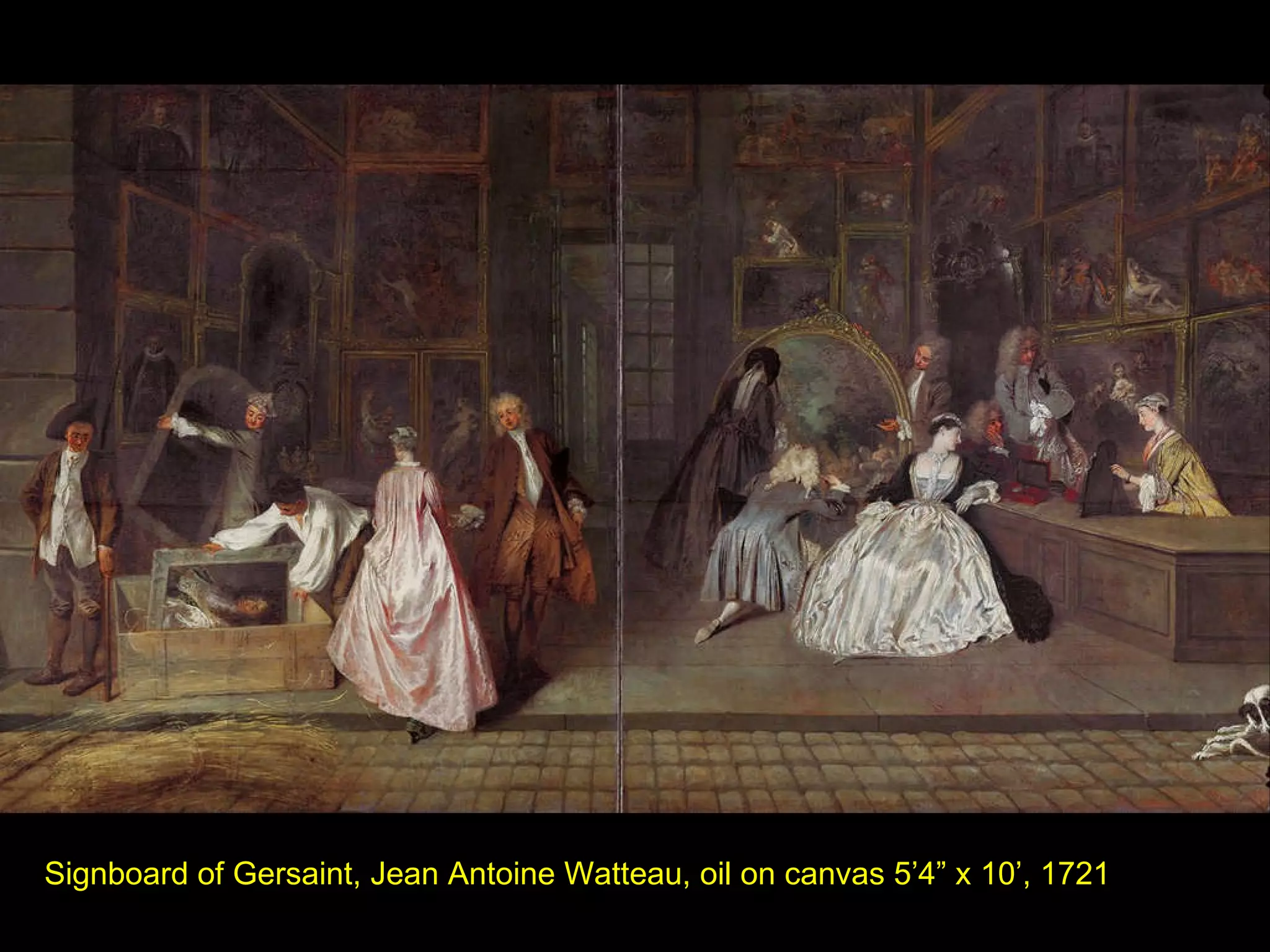 Signboard of Gersaint, Jean Antoine Watteau, oil on canvas 5’4” x 10’, 1721 