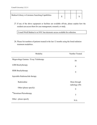 Cornell University 2.12.11




Medical Library w/Literature Searching Capabilities
                                                                      X                      X


      27. If any of the above equipment or facilities are available off-site, please explain how the
          resident can access them for case management, research, or study.


           Cornell Weill Medical is in NYC but electronic access available for collection.



      28. Please list numbers of patients treated in the last 12 months using the listed radiation
          treatment modalities.



                                    Modality                                     Number Treated

 Megavoltage Gamma / X-ray Teletherapy
                                                                                        50

 LDR Brachytherapy
                                                                                         0

 HDR Brachytherapy
                                                                                         0

 Injectable Radionuclide therapy


           Radioiodine                                                            Done through
                                                                                  radiology (50)
           Other (please specify)
                                                                                         0
 90
      Strontium Pleisotherapy
                                                                                         5

 Other - please specify
                                                                                       N/A
 