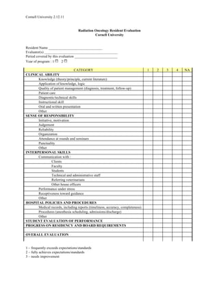 Cornell University 2.12.11


                                    Radiation Oncology Resident Evaluation
                                              Cornell University


Resident Name ______________________________
Evaluator(s) _________________________________________
Period covered by this evaluation ________________________
Year of program : 1 1 2 1

                                CATEGORY                                        1   2   3   4   NA
CLINICAL ABILITY
      Knowledge (theory/principle, current literature)
      Application of knowledge, logic
      Quality of patient management (diagnosis, treatment, follow-up)
      Patient care
      Diagnostic/technical skills
      Instructional skill
      Oral and written presentation
      Other
SENSE OF RESPONSIBILITY
      Initiative, motivation
      Judgement
      Reliability
      Organization
      Attendance at rounds and seminars
      Punctuality
      Other
INTERPERSONAL SKILLS
      Communication with :
                Clients
                Faculty
                Students
                Technical and administrative staff
                Referring veterinarians
                Other house officers
      Performance under stress
      Receptiveness toward guidance
      Other
HOSPITAL POLICIES AND PROCEDURES
      Medical records, including reports (timeliness, accuracy, completeness)
      Procedures (anesthesia scheduling, admissions/discharge)
      Other
STUDENT EVALUATION OF PERFORMANCE
PROGRESS ON RESIDENCY AND BOARD REQUIREMENTS

OVERALL EVALUATION


1 – frequently exceeds expectations/standards
2 – fully achieves expectations/standards
3 – needs improvement
 