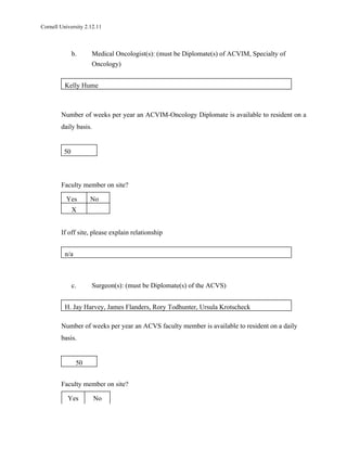 Cornell University 2.12.11



              b.       Medical Oncologist(s): (must be Diplomate(s) of ACVIM, Specialty of
                       Oncology)


          Kelly Hume



        Number of weeks per year an ACVIM-Oncology Diplomate is available to resident on a
        daily basis.


         50



        Faculty member on site?

          Yes        No
              X


        If off site, please explain relationship


          n/a



              c.       Surgeon(s): (must be Diplomate(s) of the ACVS)


          H. Jay Harvey, James Flanders, Rory Todhunter, Ursula Krotscheck

        Number of weeks per year an ACVS faculty member is available to resident on a daily
        basis.


                50


        Faculty member on site?

           Yes         No
 