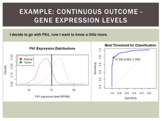 EXAMPLE: CONTINUOUS OUTCOME -
GENE EXPRESSION LEVELS
I decide to go with FN1, now I want to know a little more.
 