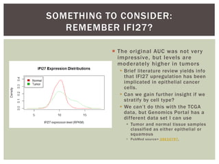 SOMETHING TO CONSIDER:
REMEMBER IFI27?
 The original AUC was not very
impressive, but levels are
moderately higher in tumors
 Brief literature review yields info
that IFI27 upregulation has been
implicated in epithelial cancer
cells.
 Can we gain further insight if we
stratify by cell type?
 We can’t do this with the TCGA
data, but Genomics Portal has a
different data set I can use
 Tumor and normal tissue samples
classified as either epithelial or
squamous
 PubMed source= GSE10797,
 